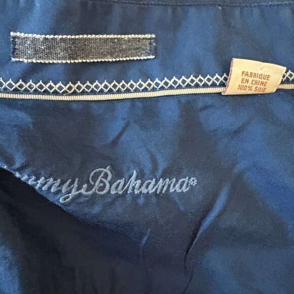 Tommy Bahama Mens Large 100% Silk Shirt Blue Black Stripe Washable Button Down - Picture 12 of 13